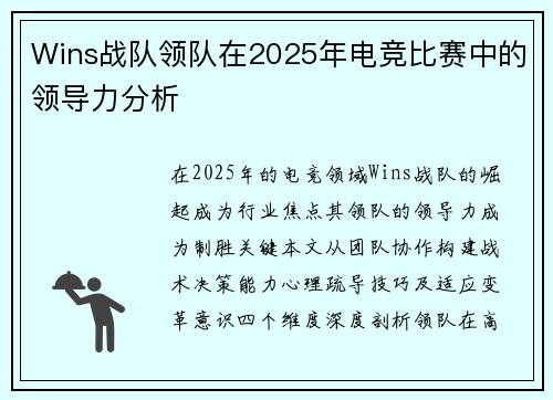 Wins战队领队在2025年电竞比赛中的领导力分析