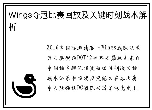 Wings夺冠比赛回放及关键时刻战术解析